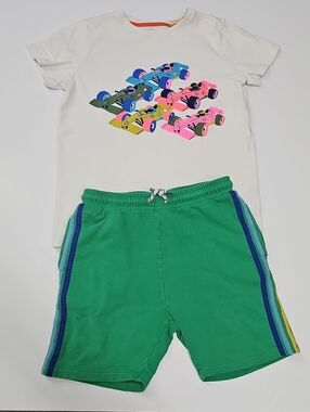 Mini Boden Cream Tee with Multicolor Race Car Graphic and Green Shorts